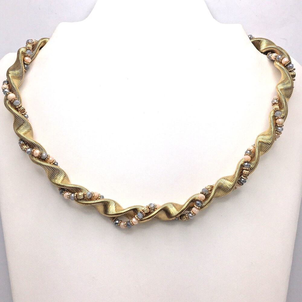 Vintage Gold Tone Twisted Spring Choker Entwined with Blue Pink Faceted Crystals
